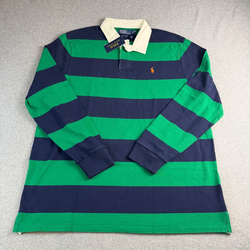 Polo Ralph Lauren Rugby Shirt Mens XXL NWT Green Navy Stripe Classic Fit Pony